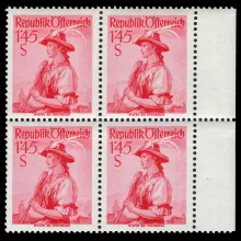 ANK 909 - Österreichische Volkstrachten, 1.45 Schilling, 4er Block mit rechtem Randstück, postfrisch