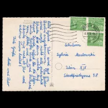 Gelaufene Postkarte von Berlin nach Wien, Michel 47 Typ I, 01.09.1956