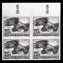 ANK 973 PU I - Heimische Vogelwelt, 20 Schilling, Probedruck, 4er Block mit Randstück, geprüft
