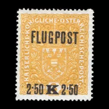 Michel 226x Type I PF I. – Airmail stamp, 2.50 crowns with plate error "notch in O", 1918, mint