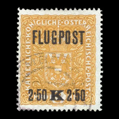 Michel 226x Type I PF I. – Airmail stamp, 2.50 crowns with plate error "notch in O", 1918, cancelled