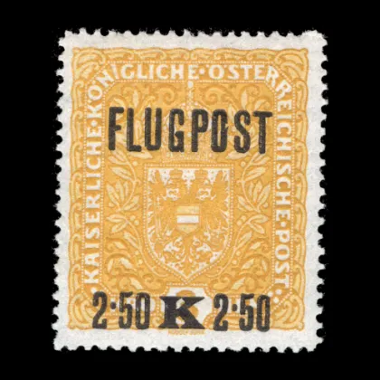 Michel 226x Type I PF I. – Airmail stamp, 2.50 crowns with plate error "notch in O", 1918, mint