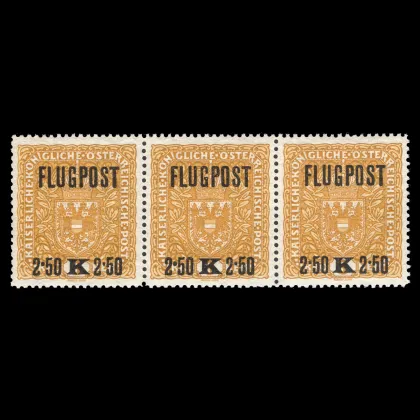 Michel 226y Type II-II-I – Airmail stamps, 2.50 crowns, strip of 3, 1918, mint